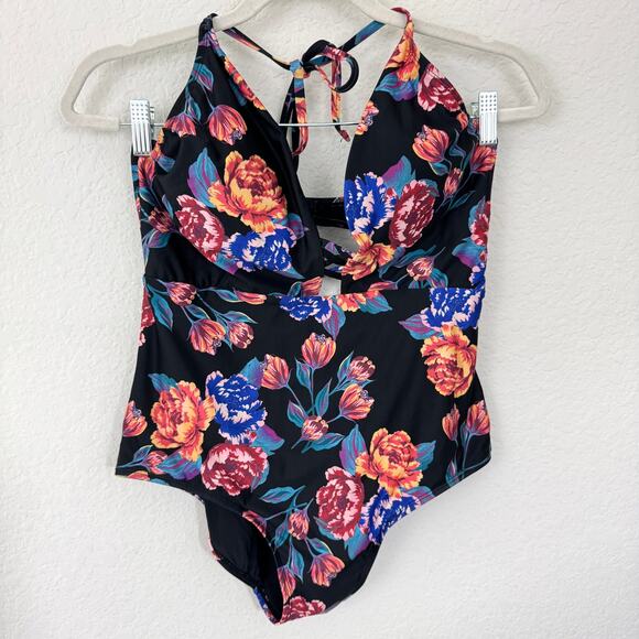 Modcloth Women Pamela One Piece Swimsuit Bathing Suit Size L Floral Halter Black - Picture 1 of 7
